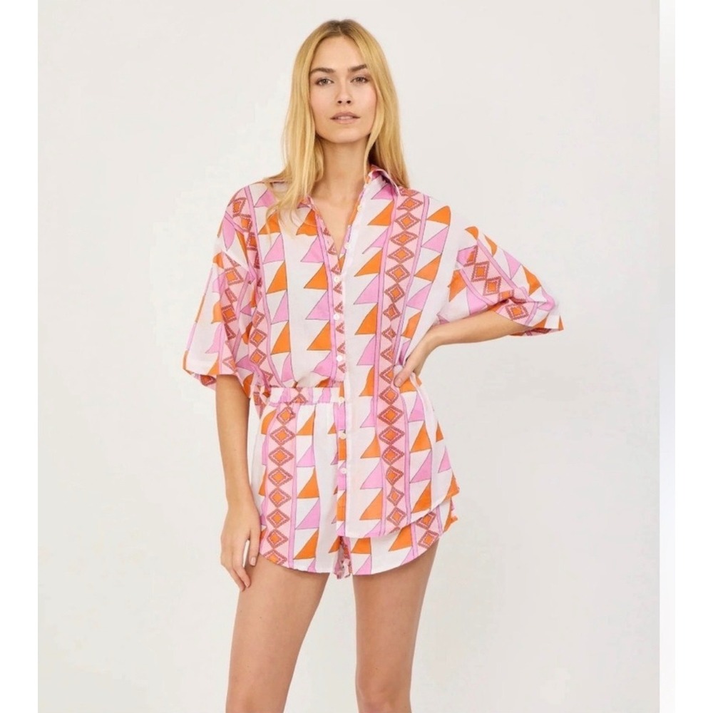 Marea Apres Beach Top Neon Geo Pink Orange‎ Geometric Cotton Button Down Shirt M